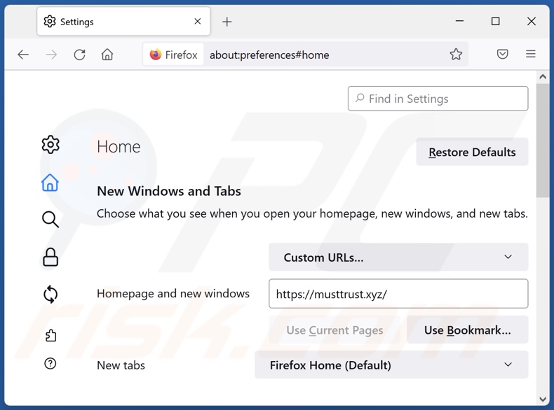 Suppression de musttrust[.]xyz de la page d'accueil de Mozilla Firefox