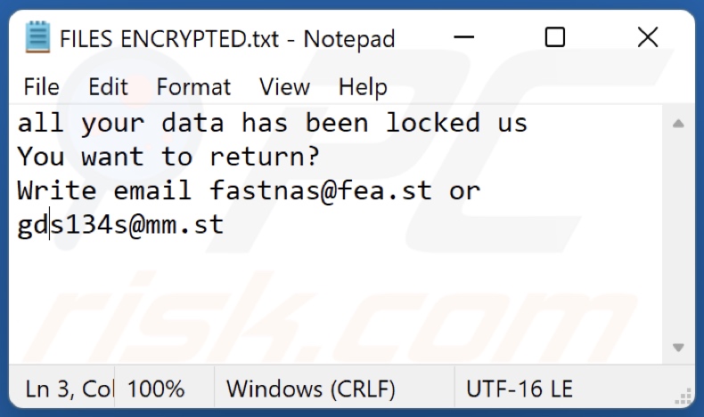 Fichier texte du ransomware NaS (FILES ENCRYPTED.txt)