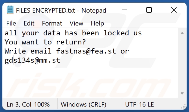 Fichier texte du ransomware NaS (FILES ENCRYPTED.txt)
