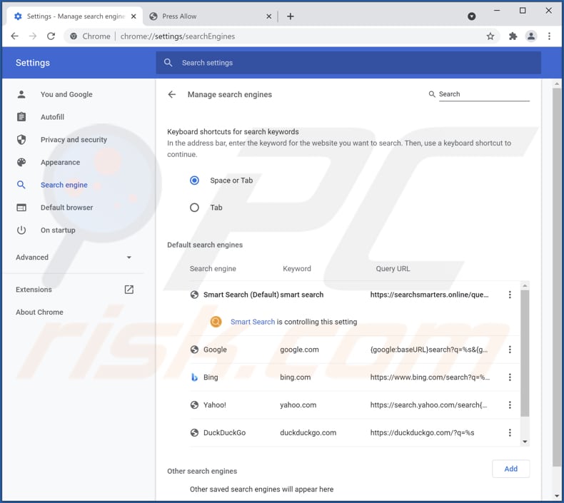 Suppression de searchsmarters.online du moteur de recherche par défaut de Google Chrome