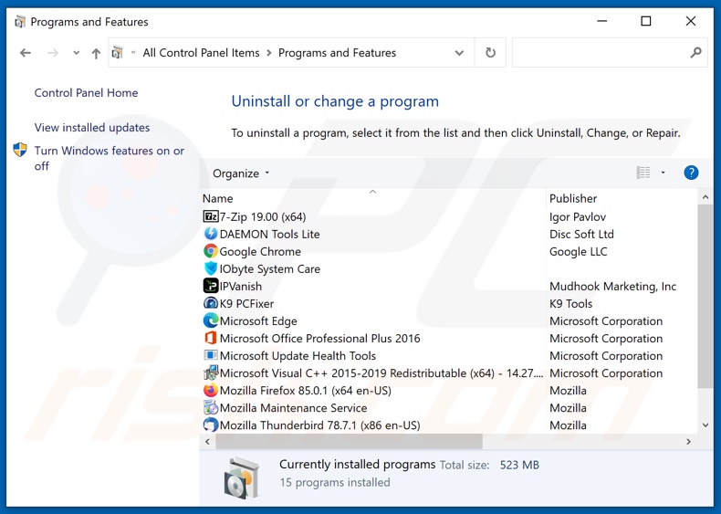 theresults[.]net désinstallation du logiciel publicitaire via le panneau de configuration