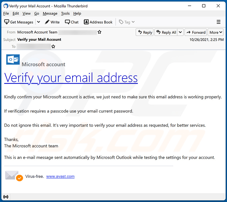 Vérifier l'e-mail frauduleux du compte Microsoft (2021-10-29)