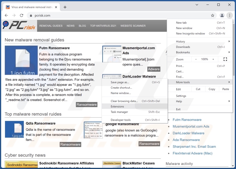 Suppression des extensions malveillantes de Google Chrome étape 1