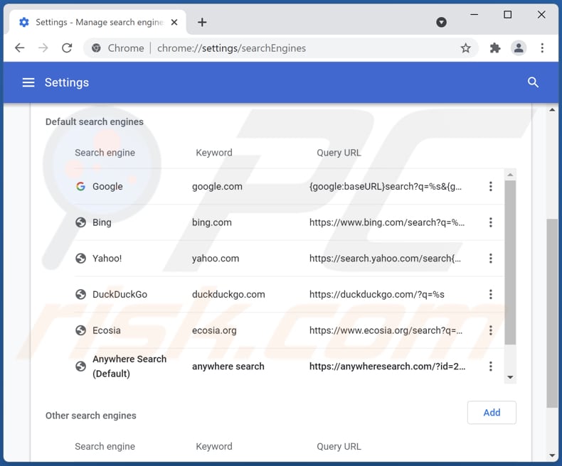 Suppression de anysearch.com du moteur de recherche par défaut de Google Chrome