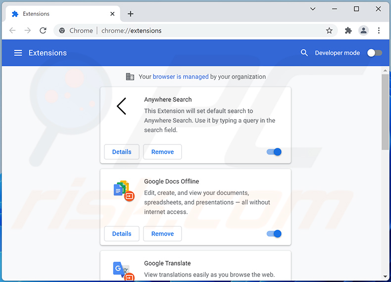 Suppression des extensions Google Chrome liées à anysearch.com