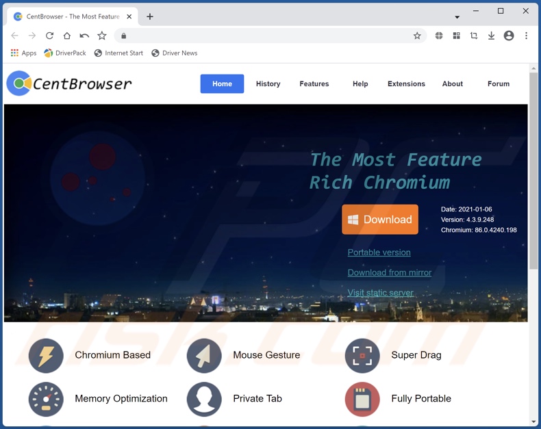 Site utilisé pour promouvoir Cent Browser