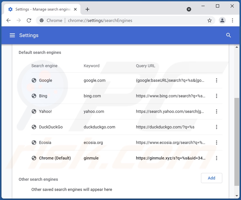 Suppression de ginmule.xyz du moteur de recherche par défaut de Google Chrome