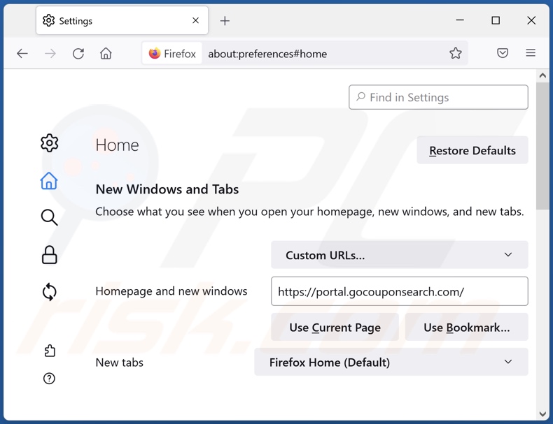 Suppression de gocouponsearch.com de la page d'accueil de Mozilla Firefox
