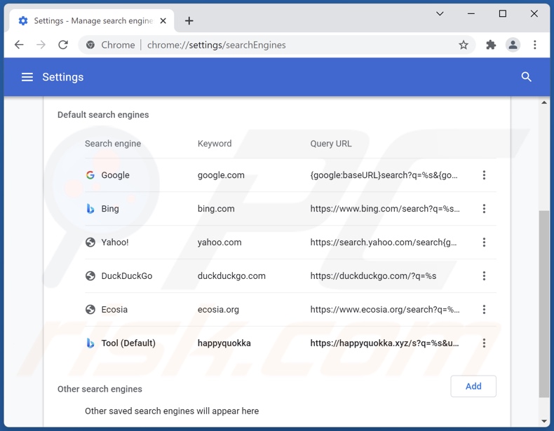 Suppression de happyquokka.xyz du moteur de recherche par défaut de Google Chrome