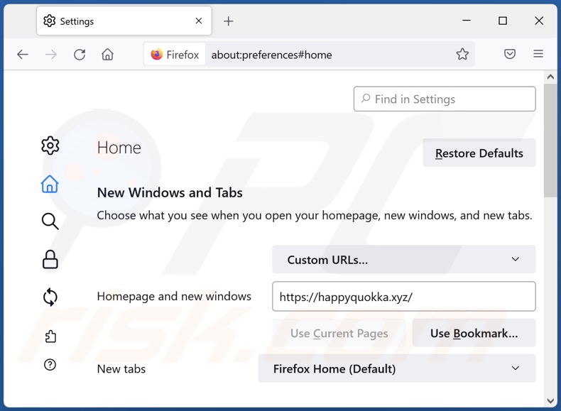 Suppression de happyquokka.xyz de la page d'accueil de Mozilla Firefox