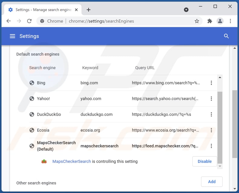 Suppression de mapschecker.com du moteur de recherche par défaut de Google Chrome