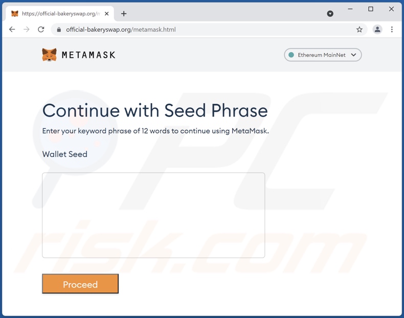 Site Web d'hameçonnage promu par l'escroquerie par e-mail MetaMask