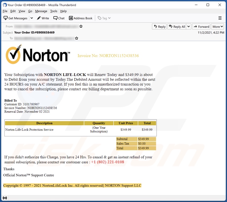 Norton Subscription renouvellera aujourd'hui la campagne de spam par e-mail