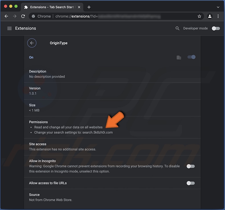 Autorisations du pirate de navigateur OriginType sur Chrome