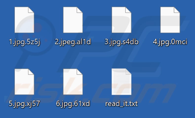 Fichiers chiffrés par Robux ransomware (extensions générées aléatoirement)