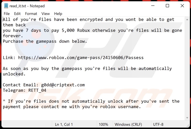 Fichier texte du ransomware Robux (read_it.txt)