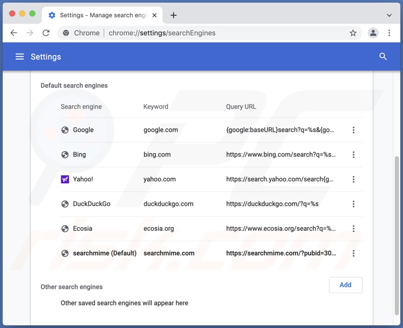 Searchmime.com pirate de navigateur défini comme moteur de recherche par défaut sur Google Chrome