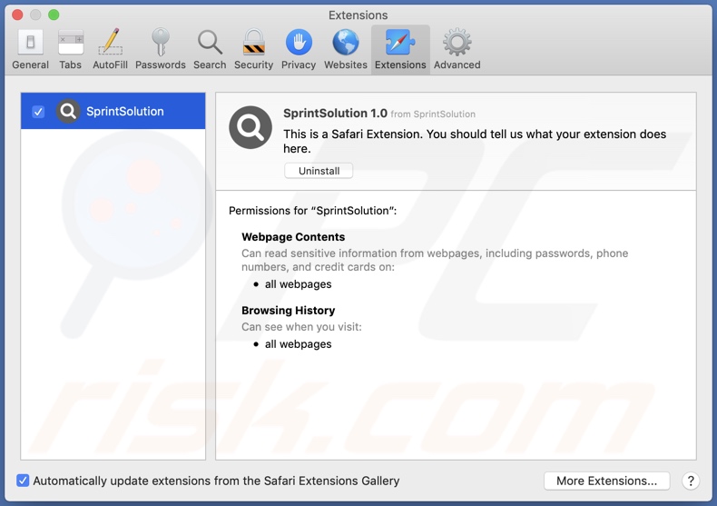 Adware SprintSolution installé sur Safari