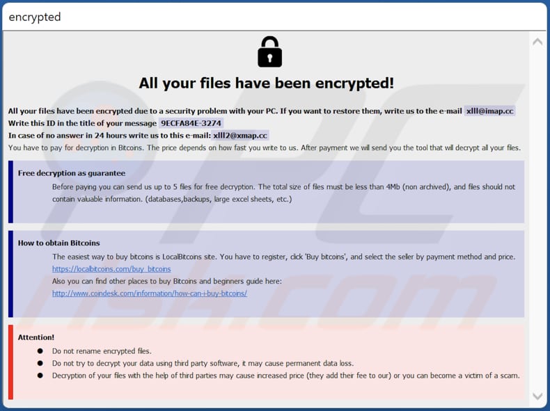 Fenêtre contextuelle de la note de rançon du logiciel de rançon XIII (info.hta)