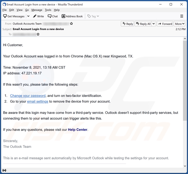 Votre compte Outlook a été connecté à la campagne de spam par e-mail