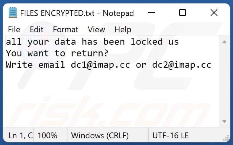 Fichier texte du ransomware DC (FILES ENCRYPTED.txt)