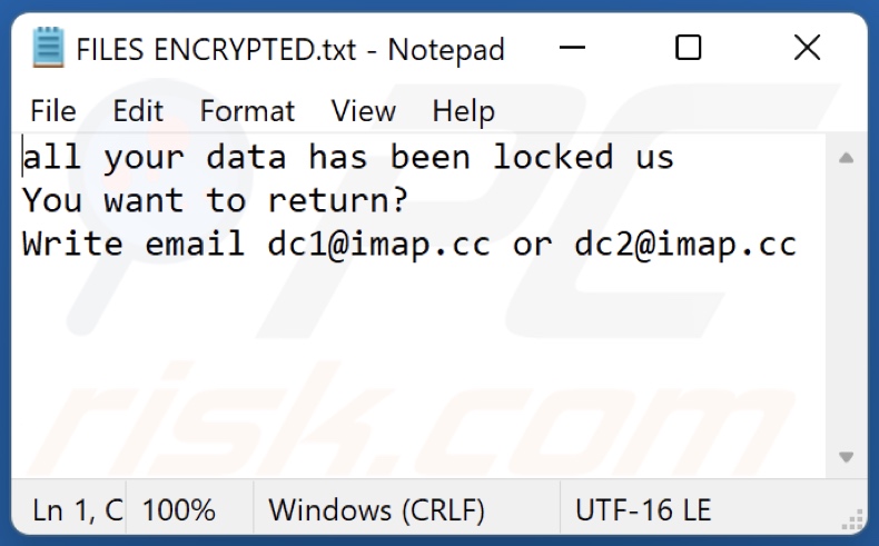 Fichier texte du ransomware DC (FILES ENCRYPTED.txt)