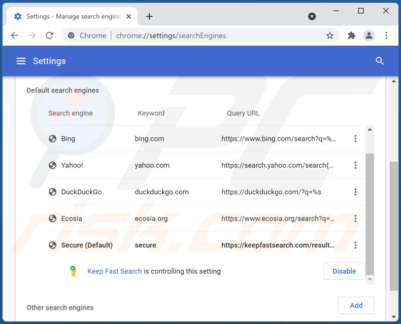 Suppression de keepfastsearch.com du moteur de recherche par défaut de Google Chrome