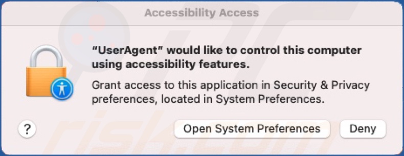 Le malware macOS.Macma de porte dérobée demande l'autorisation d'utiliser les fonctionnalités d'accessibilité