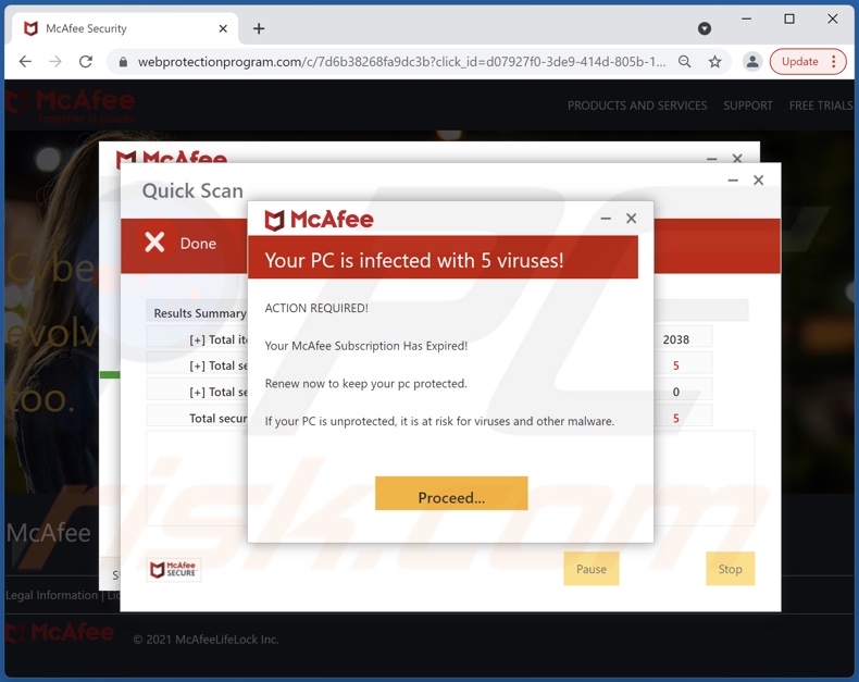 McAfee - Votre PC est infecté par 5 virus !  escroquer