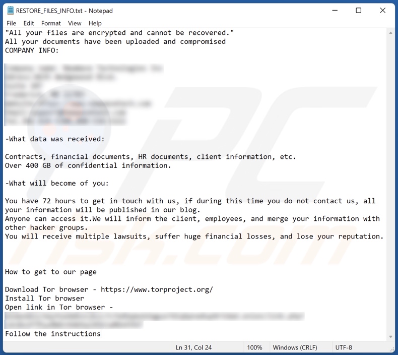Fichier texte du ransomware Midas (RESTORE_FILES_INFO.txt)