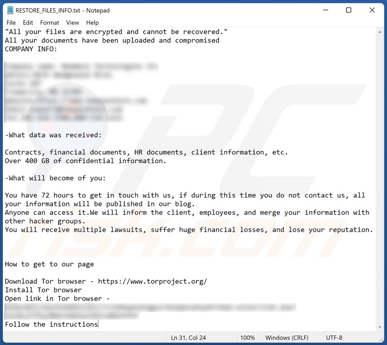 Fichier texte du ransomware Midas (RESTORE_FILES_INFO.txt)