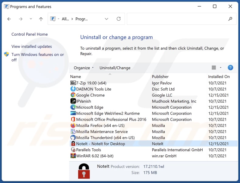 NoteIt adware désinstaller via le panneau de configuration