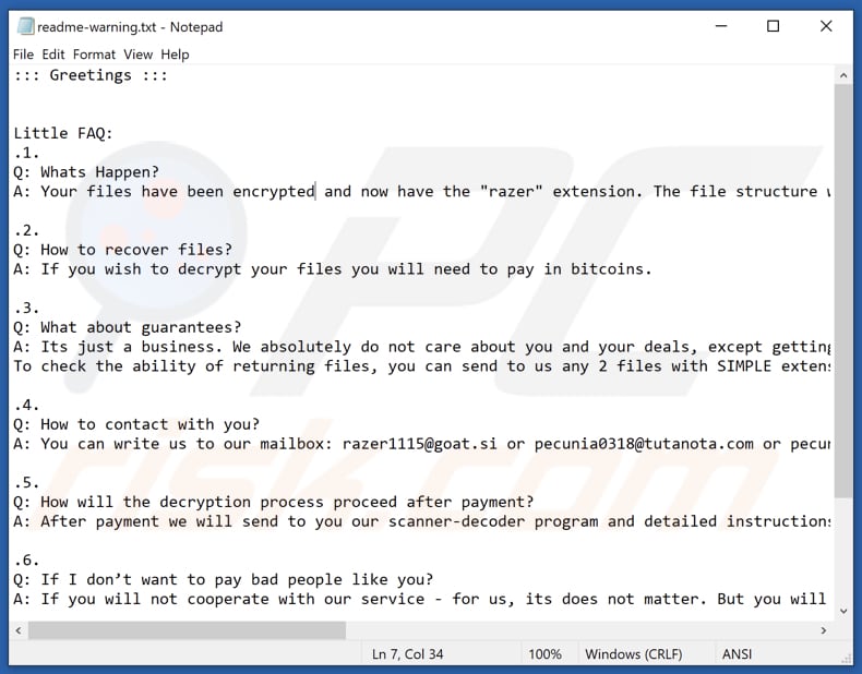 Fichier texte du ransomware Razer (readme-warning.txt)