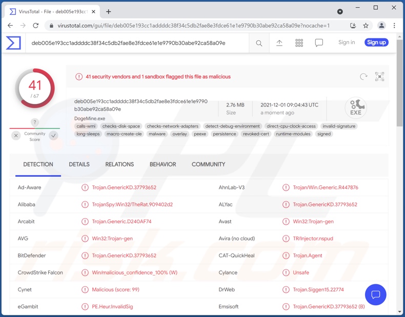 Détections de malwares SpyAgent sur VirusTotal