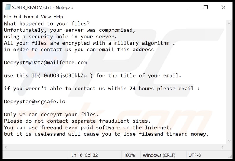 fichier texte de note de rançon surtr ransomware