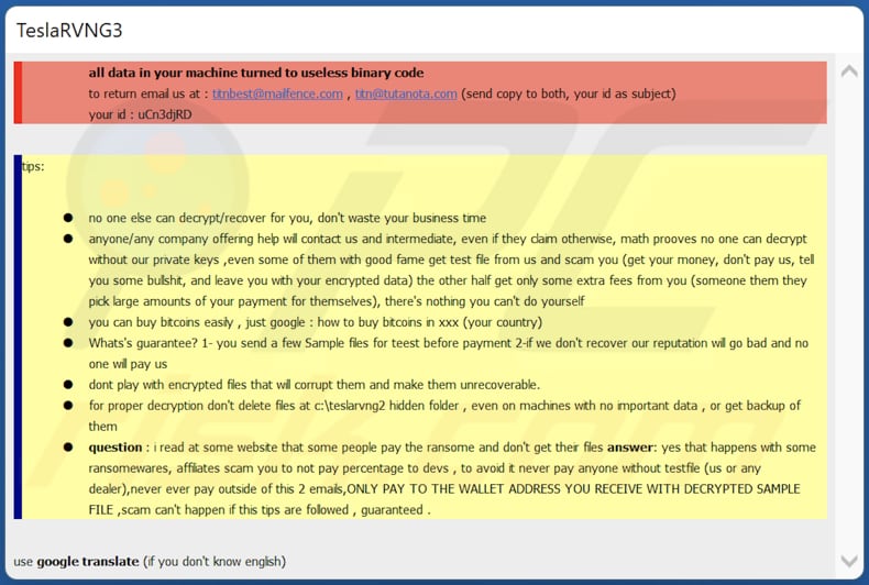 Fichier texte du ransomware TeslaRVNG3 (teslarvng3.hta)