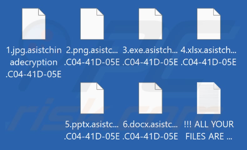 Fichiers cryptés par le rançongiciel Asistchinadecryption (.asistchinadecryption et ID d'une victime comme extension)
