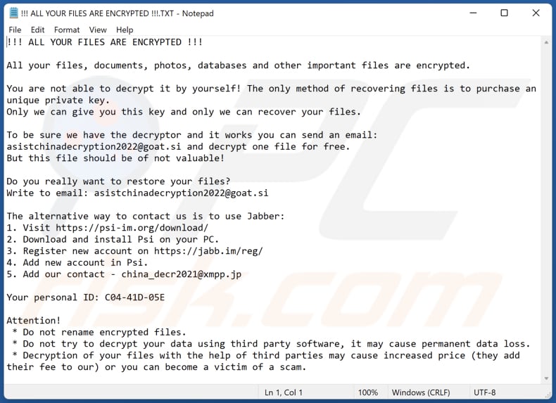 Fichier texte du rançongiciel Asistchinadecryption (!!! TOUS VOS FICHIERS SONT CRYPTÉS !!!.TXT)