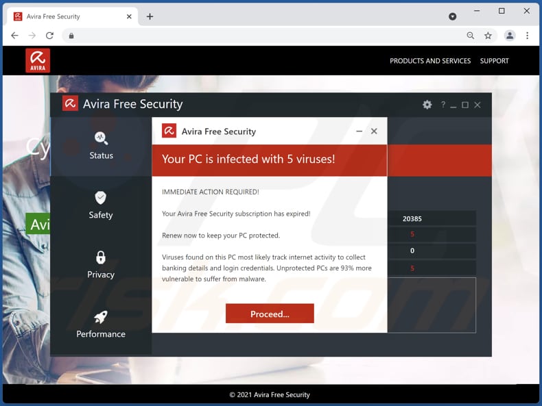 Avira Free Security - Votre PC est infecté par 5 virus !  arnaque pop-up