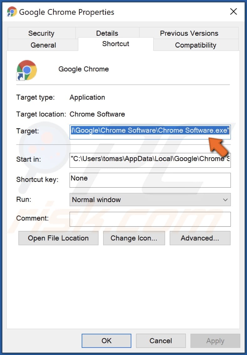 fausse application google a changé l'emplacement cible du raccourci chrome