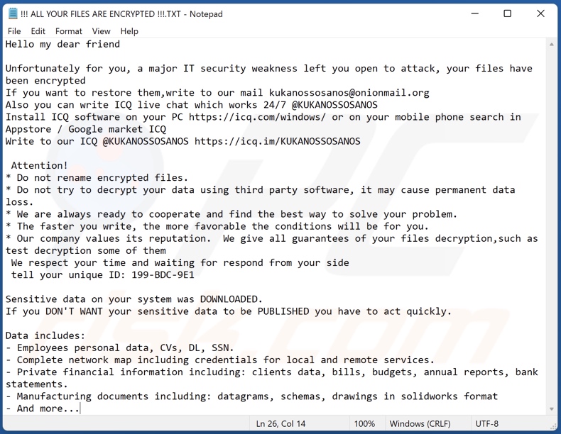 Note de rançon KUKANOS (!!! TOUS VOS FICHIERS SONT CRYPTÉS !!!.TXT)