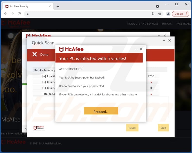 l'abonnement mcafee a expiré escroquerie par e-mail site Web trompeur