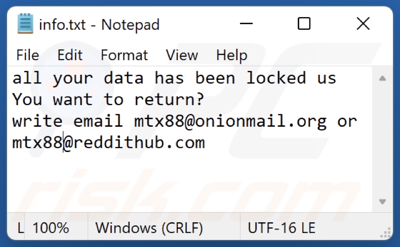 Fichier texte du rançongiciel MTX (info.txt)
