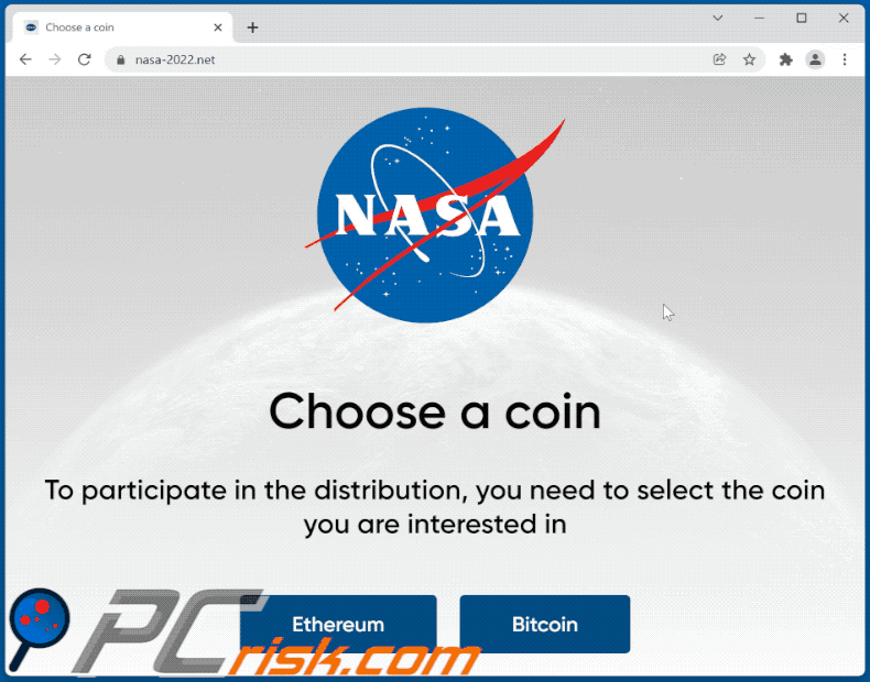 Apparition de l'escroquerie NASA ETH et BTC Giveaway (GIF)