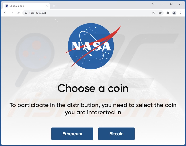 Escroquerie ETH et BTC Giveaway de la NASA