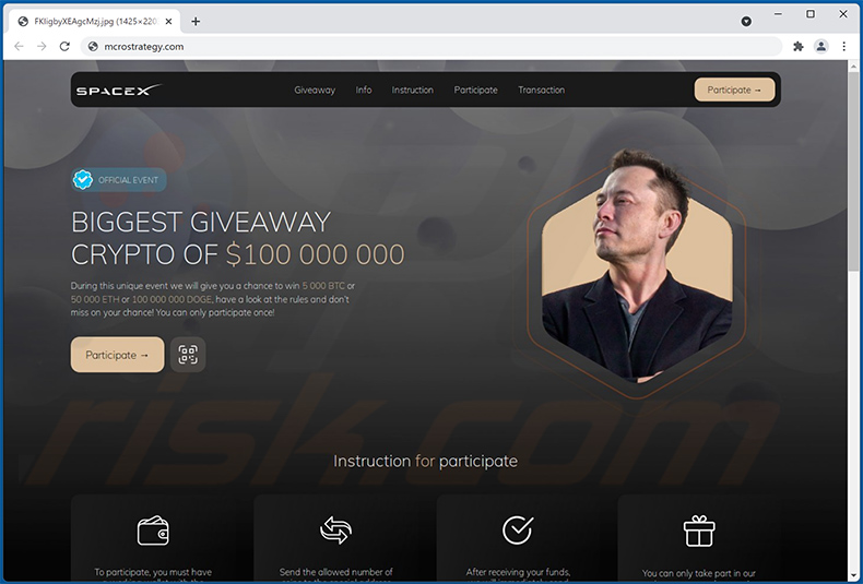 Site Web d'escroquerie SpaceX BTC et ETH Giveaway (2022-01-28 - mcrostrategy.com)