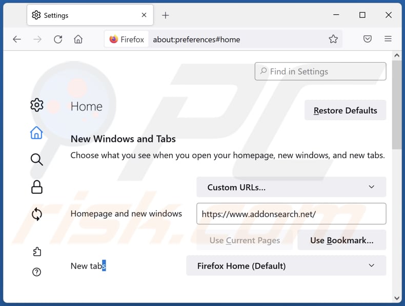 Suppression de addonsearch.net de la page d'accueil de Mozilla Firefox