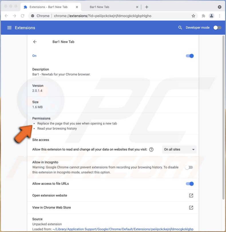 Autorisations Chrome du pirate de navigateur Bar1 New Tab