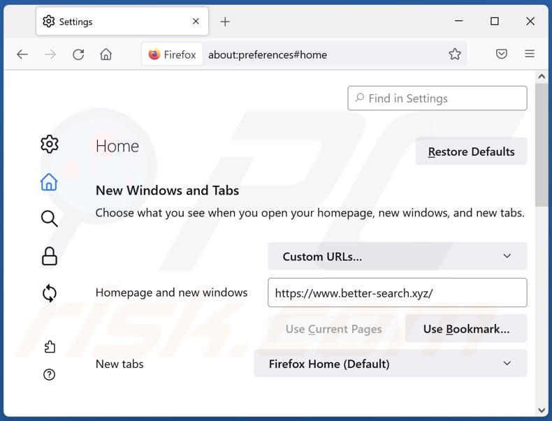 Suppression de better-search.xyz de la page d'accueil de Mozilla Firefox