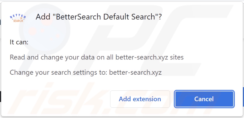 Pirate de navigateur BetterSearch Default Search demandant des autorisations